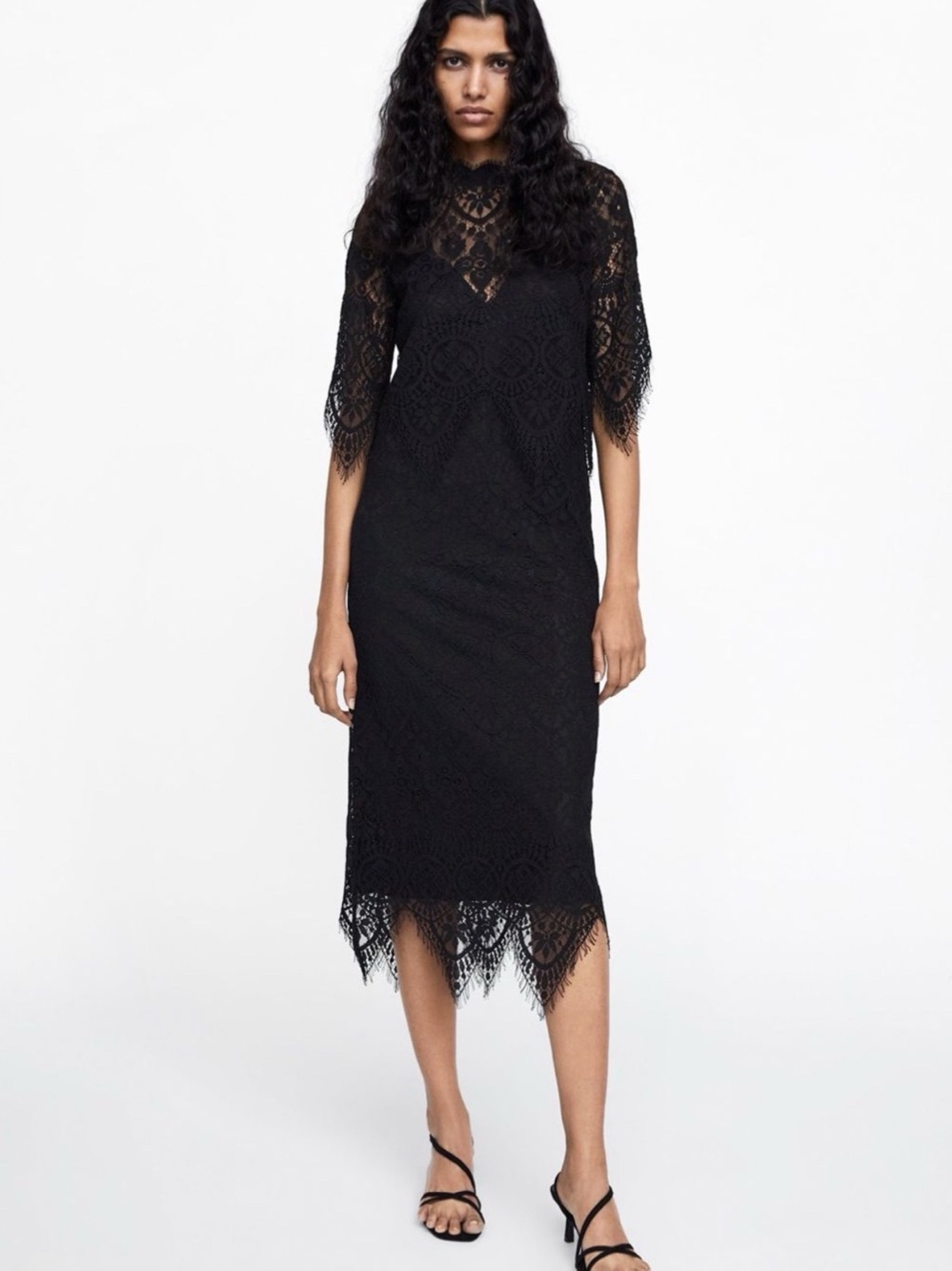 Zara Black Lace Midi Dress with Scalloped Hem – Elegant & Chic
